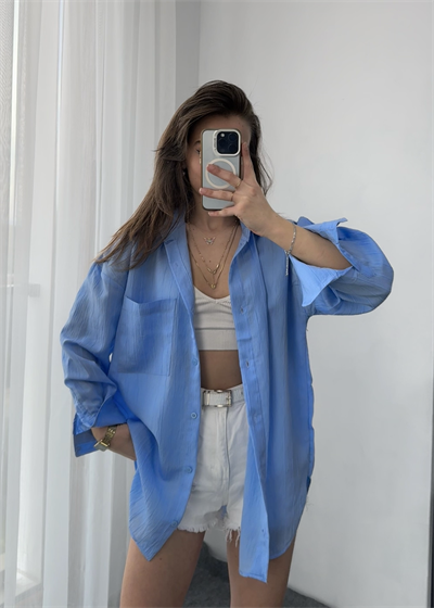 Bebe Mavisi Kalın Manşet Pamuk Gömlek 