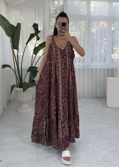 Bella Bordo Sırt Dekolteli Etnik İpek Elbise