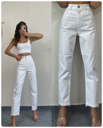Beyaz İç Göstermez Mom Jeans