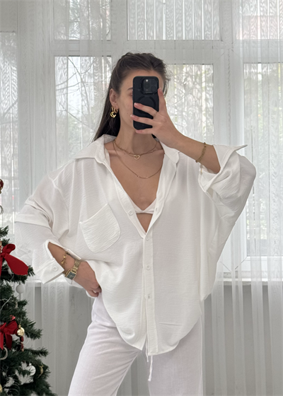 Beyaz İthal Ayrobin Tek Cepli Oversize Gömlek 