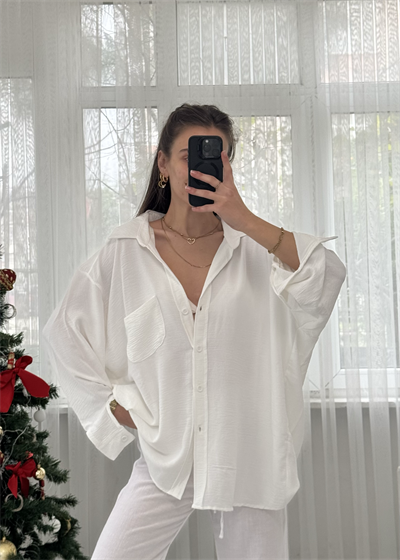 Beyaz İthal Ayrobin Tek Cepli Oversize Gömlek 