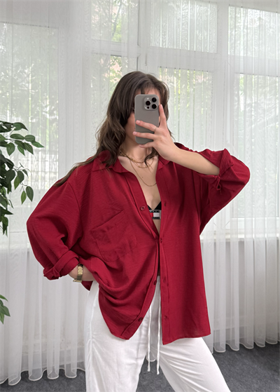 Bordo İthal Ayrobin Tek Cepli Oversize Gömlek 