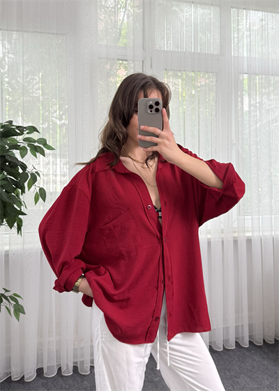 Bordo İthal Ayrobin Tek Cepli Oversize Gömlek 