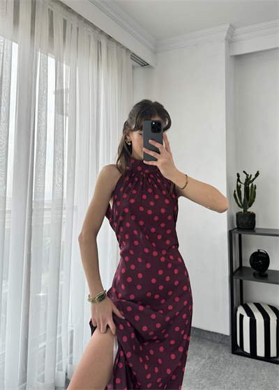 Bordo Puantiyeli Kuşaklı Elbise