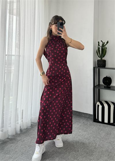Bordo Puantiyeli Kuşaklı Elbise