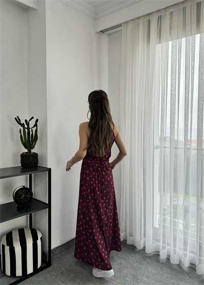 Bordo Puantiyeli Kuşaklı Elbise