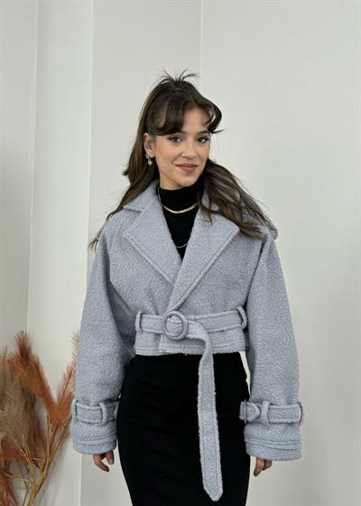 Buklet Kumaş Kemerli Bebe Mavisi Kısa Ceket