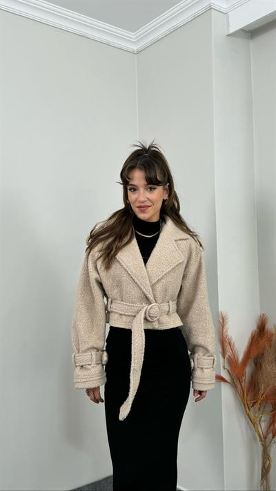 Buklet Kumaş Kemerli Ekru Ceket