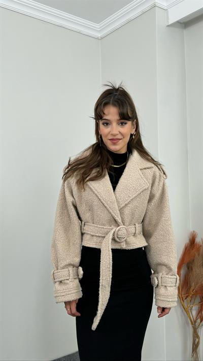 Buklet Kumaş Kemerli Ekru Ceket