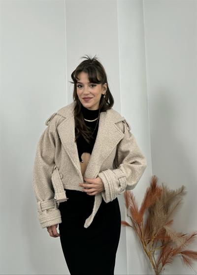 Buklet Kumaş Kemerli Ekru Ceket