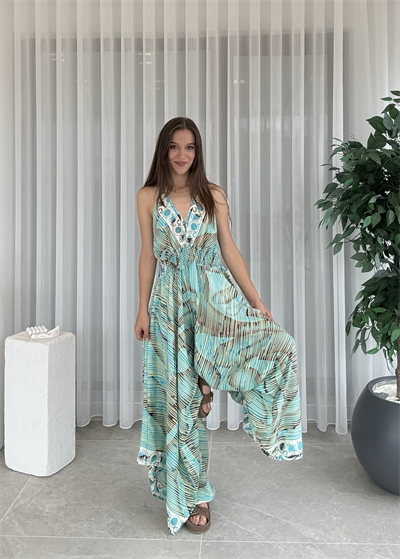 Calista Etnik Desen İpek Şalvar Su Yeşili  Tulum