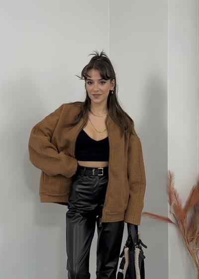 Camel Buklet Kumaş Oversize Ceket