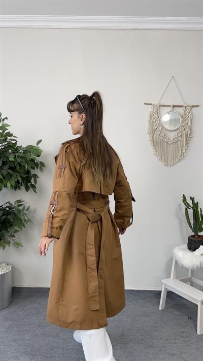 Camel Deri Detaylı Kuşaklı Trençkot