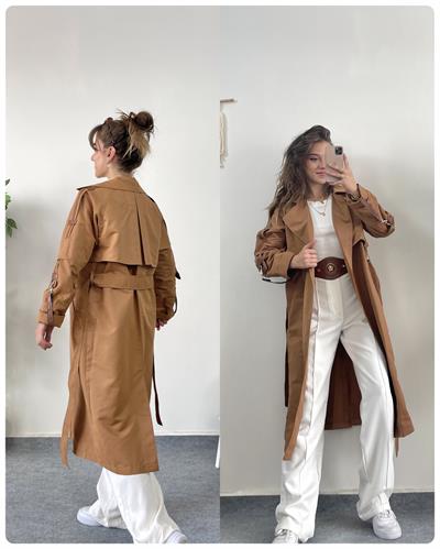 Camel Deri Detaylı Kuşaklı Trençkot