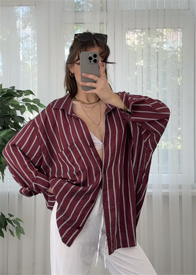 Çizgili Bordo Crush Gömlek