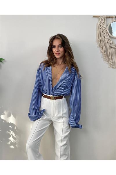Çizgili Katlama Kol Oversize Gömlek 
