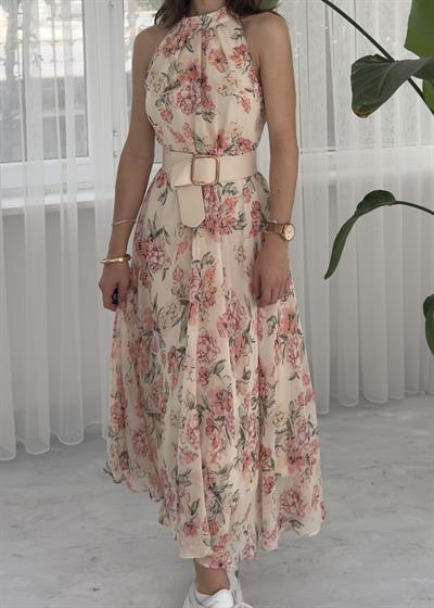 Diana Şifon Kemer Aksesuarlı çiçekli Miidi Elbise