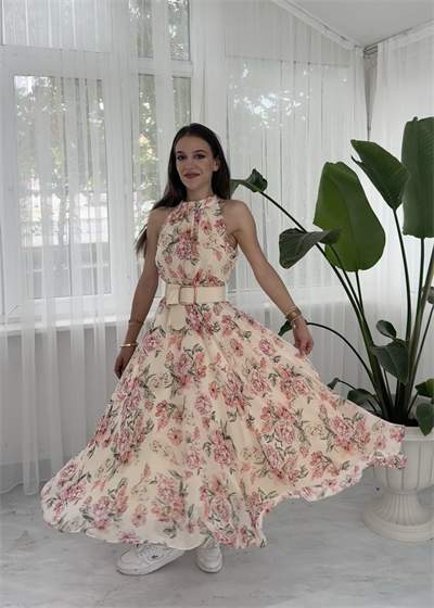 Diana Şifon Kemer Aksesuarlı çiçekli Miidi Elbise
