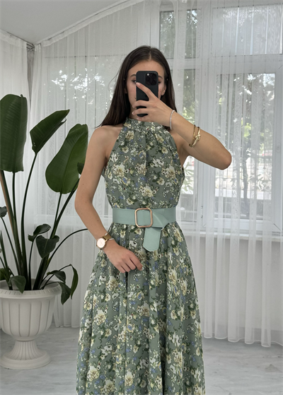 Diana Şifon Kemer Aksesuarlı Mint Yeşili Midi Elbise