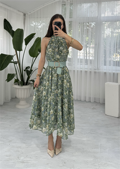 Diana Şifon Kemer Aksesuarlı Mint Yeşili Midi Elbise
