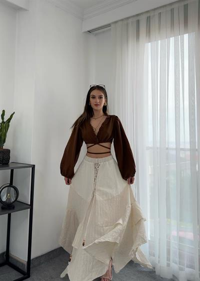  Ekru Gotik Tasarım Gofre Kumaş Etek 