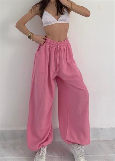 Erato Pembe Tasarım Keten Kargo Cep Pantolon