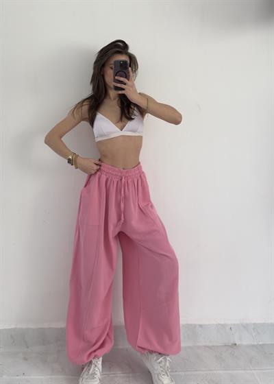 Erato Pembe Tasarım Keten Kargo Cep Pantolon