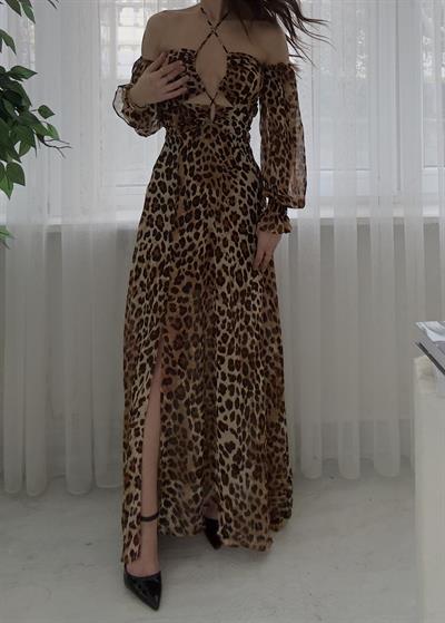 Flora Bağlama Detaylı Uzun Yırtmaçlı Leopar  Desenli Elbise