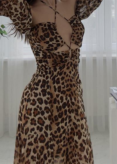 Flora Bağlama Detaylı Uzun Yırtmaçlı Leopar  Desenli Elbise