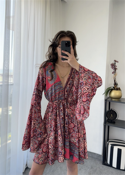 Liana Fuşya Şal Desenli Mini Sırt Dekolteli İpek Elbise
