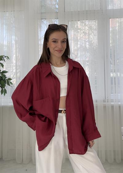 Glodi Bordo Düşük Omuz Oversize Gömlek 