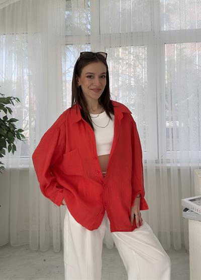 Glodi Kırmızı Düşük Omuz Oversize Gömlek 