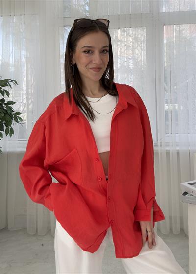 Glodi Kırmızı Düşük Omuz Oversize Gömlek 
