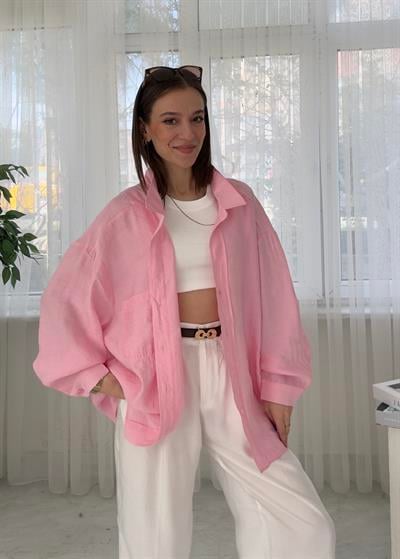 Glodi Şeker Pembe Düşük Omuz Oversize Gömlek 