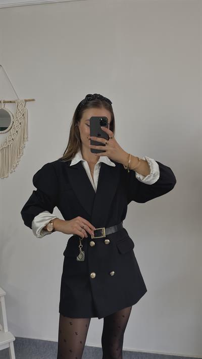 Gold Düğme Detaylı Kemerli Ceket Elbise 