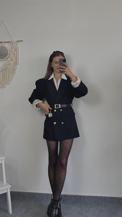 Gold Düğme Detaylı Kemerli Ceket Elbise 