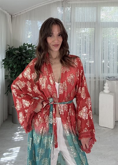Golden Bloom Kırmızı Mint Altın Desenli Bohem Kimono