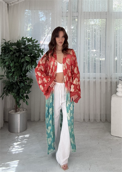 Golden Bloom Kırmızı Mint Altın Desenli Bohem Kimono