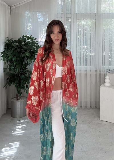 Golden Bloom Kırmızı Mint Altın Desenli Bohem Kimono