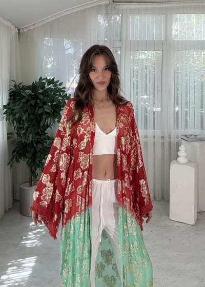 Golden Bloom Kırmızı Yeşil ı Altın Desenli Bohem Kimono