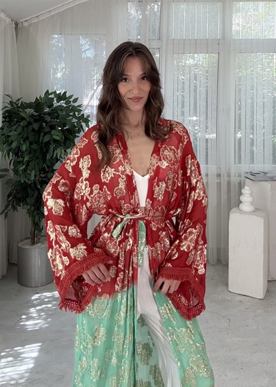Golden Bloom Kırmızı Yeşil ı Altın Desenli Bohem Kimono