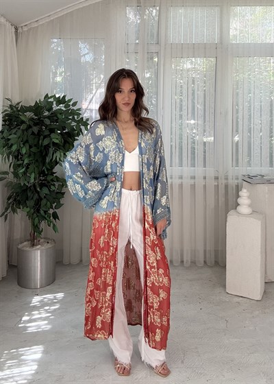 Golden Bloom Mavi Kırmızı Altın Desenli Bohem Kimono