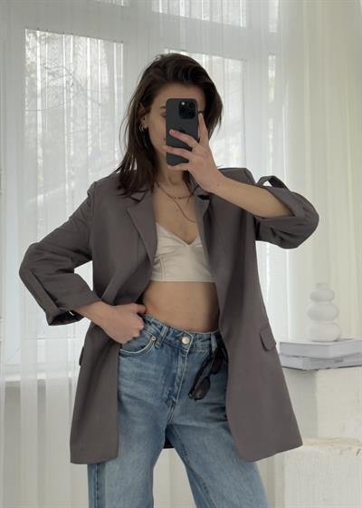 Helen Gri Premium Kol Katlamalı Poliviskon Blazer 