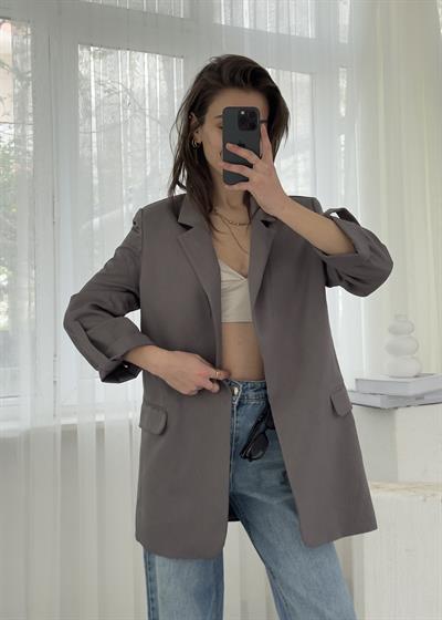 Helen Gri Premium Kol Katlamalı Poliviskon Blazer 