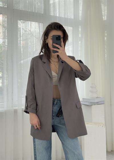 Helen Gri Premium Kol Katlamalı Poliviskon Blazer 