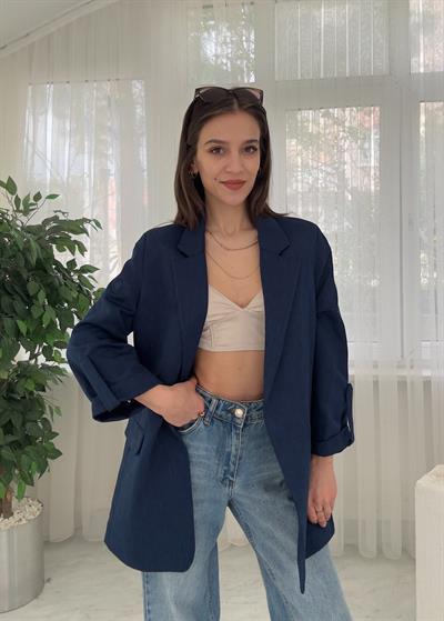 Helen Lacivert Premium Kol Katlamaklı Poliviskon Blazer