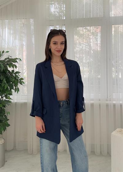 Helen Lacivert Premium Kol Katlamaklı Poliviskon Blazer