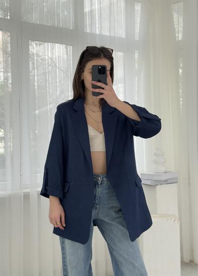 Helen Lacivert Premium Kol Katlamaklı Poliviskon Blazer