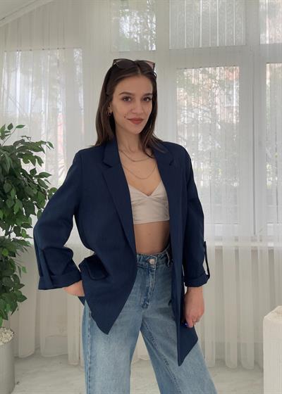 Helen Lacivert Premium Kol Katlamaklı Poliviskon Blazer