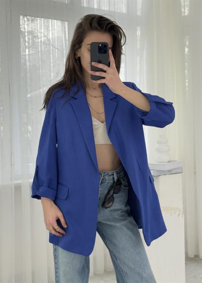 Helen Saks Mavi Premium Kol Katlamalı Poliviskon Blazer